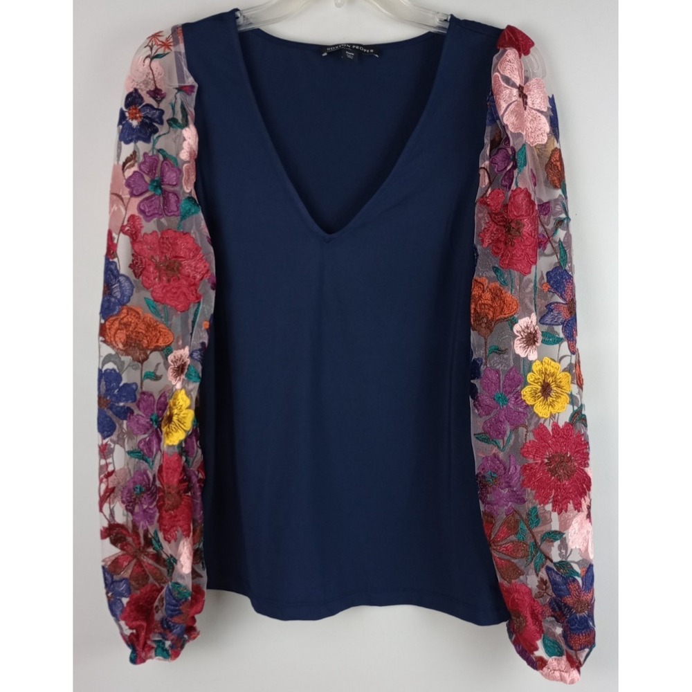 Boston Proper Womens M Blue Multicolor Sheer Floral Embroidered Sleeve Blouse